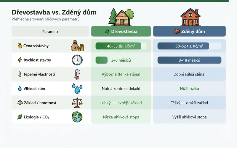 Tabulka srovn&aacute;n&iacute; dřevostavby a zděn&eacute;ho domu: cena, rychlost, tepeln&eacute; vlastnosti