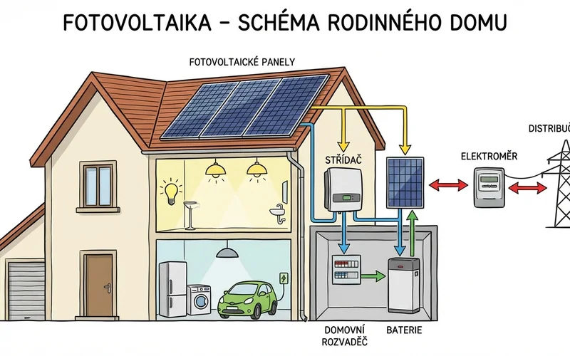 Sch&eacute;ma zapojen&iacute; fotovoltaick&eacute;ho syst&eacute;mu pro rodinn&yacute; dům