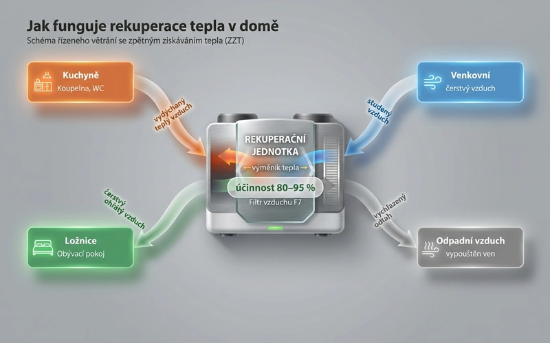Sch&eacute;ma fungov&aacute;n&iacute; ř&iacute;zen&eacute;ho větr&aacute;n&iacute; s rekupera&ccaron;&iacute; tepla v rodinn&eacute;m domě