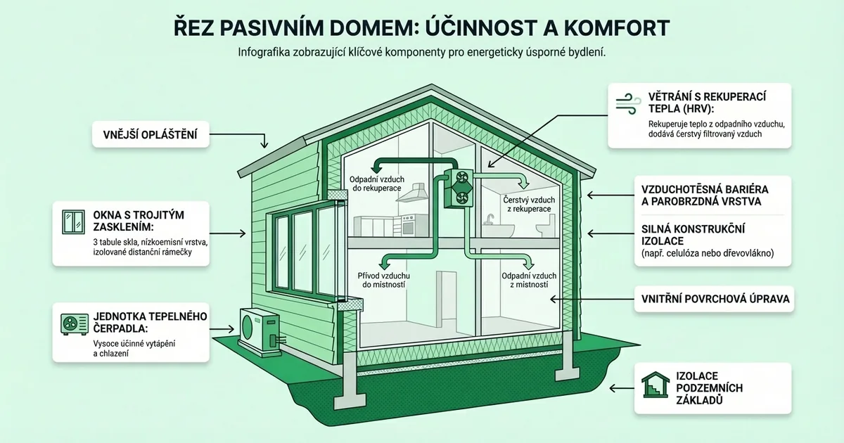 Co je biodům — schéma ekologického domu s přírodními materiály a nízkou spotřebou energie