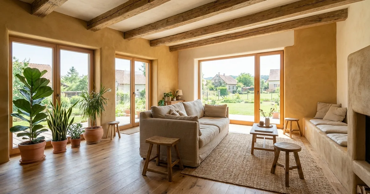 Světlý interiér s přírodními materiály — dřevo, lněné tkaniny a zelené rostliny