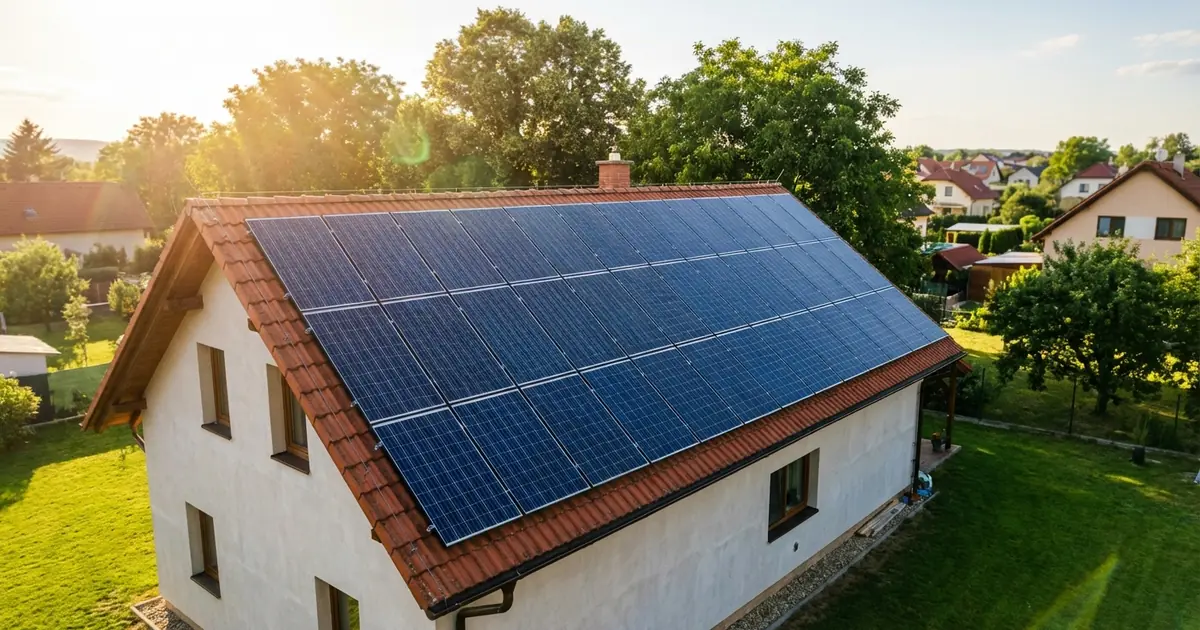 Fotovoltaické panely na střeše rodinného domu v České republice