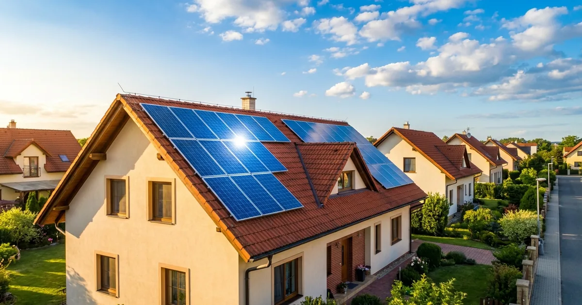 Fotovoltaické panely na šikmé střeše rodinného domu — slunečný den, modrá obloha