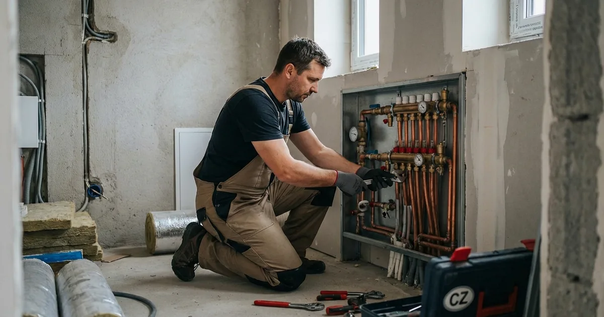 Elektrikář nebo instalatér u rozváděče nebo při pokládce podlahového topení