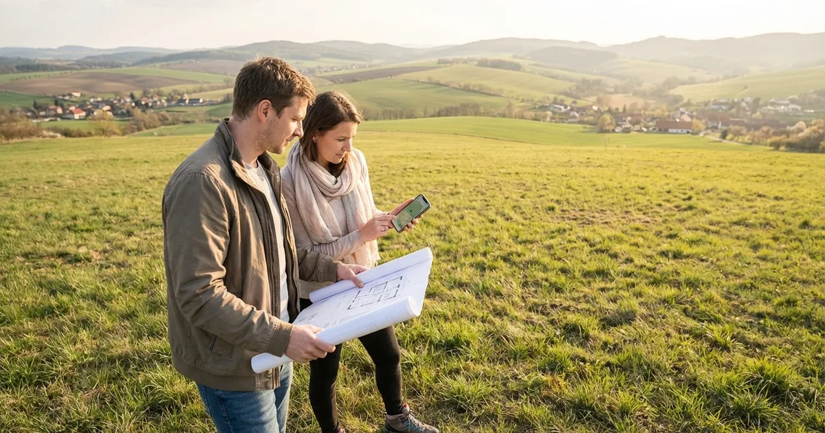 Stavebník s mapou nebo pohled na stavební pozemek — výběr parcely pro ekologický dům