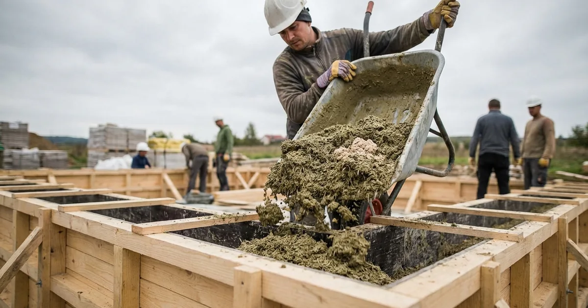 Konopí a hempcrete — konopný beton v bednění, zelená izolační stavba