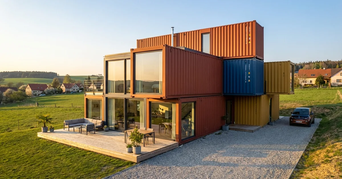 Kontejnerový dům — architektonicky přepracovaný moderní dům z lodních kontejnerů