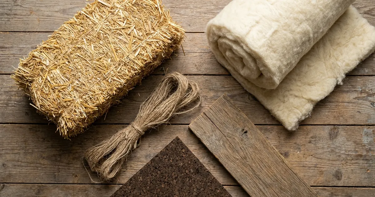 Přírodní stavební materiály — dřevo, sláma, konopí, ovčí vlna a korek