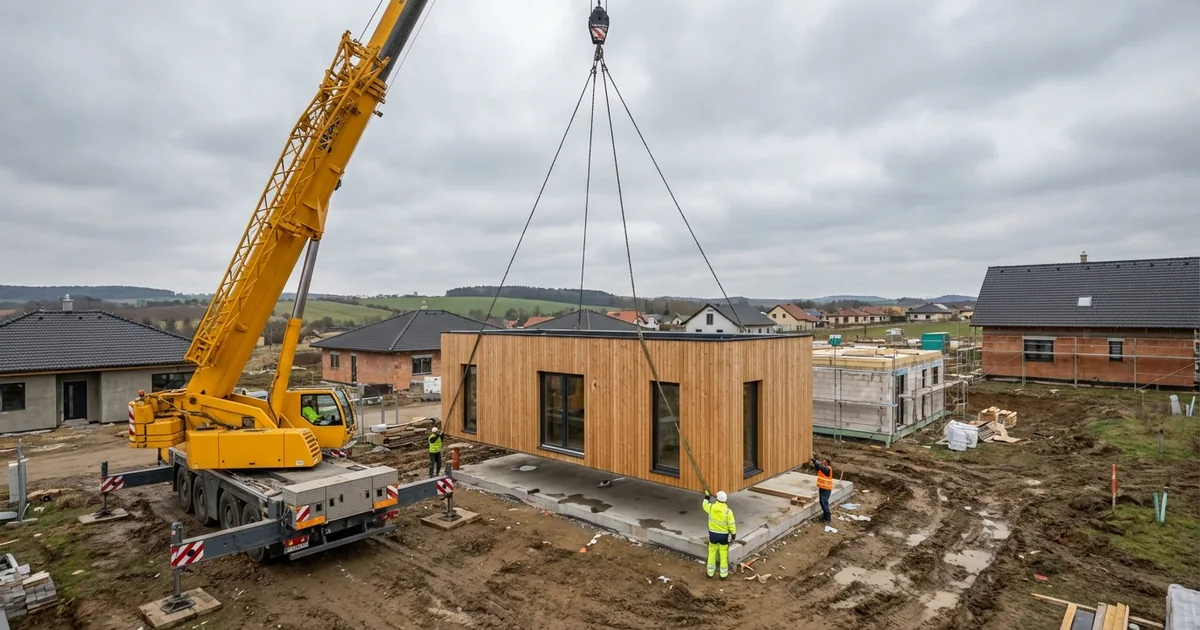 Modulární dům — prefabrikované moduly při montáži nebo dokončený modulární dům