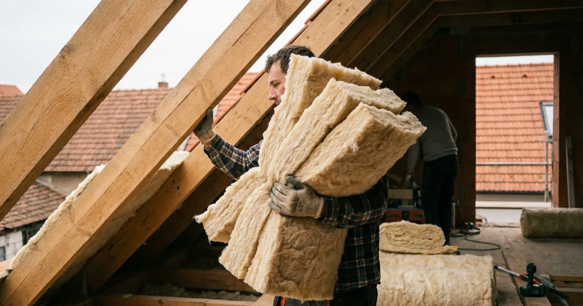 Rohože z ovčí vlny v ruce stavbaře — přírodní izolace pokládaná do dřevěné konstrukce