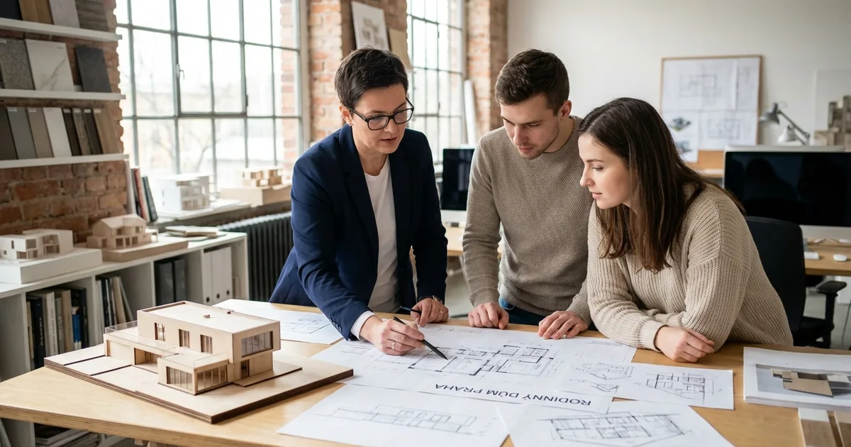 Architekt s výkresy u stolu nebo digitální model domu — projekt a stavební povolení