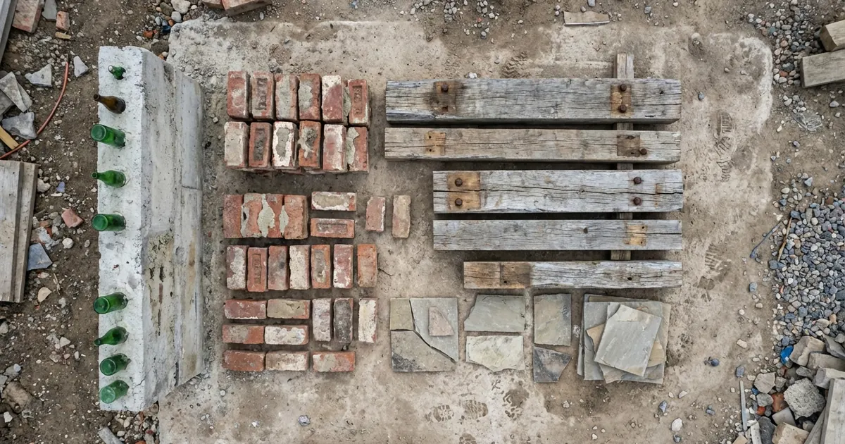 Recyklované stavební materiály — recyklovaná cihla, dřevo z demolicí a lahve