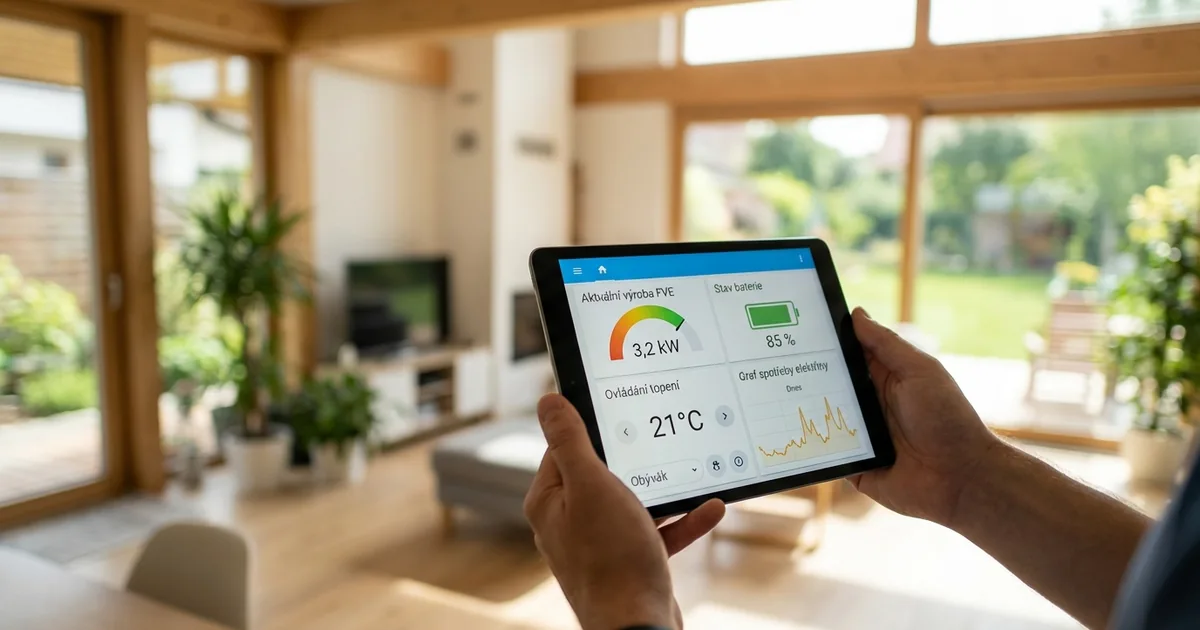 Ovládací panel nebo tablet s domácí automatizací — chytrý ekologický dům