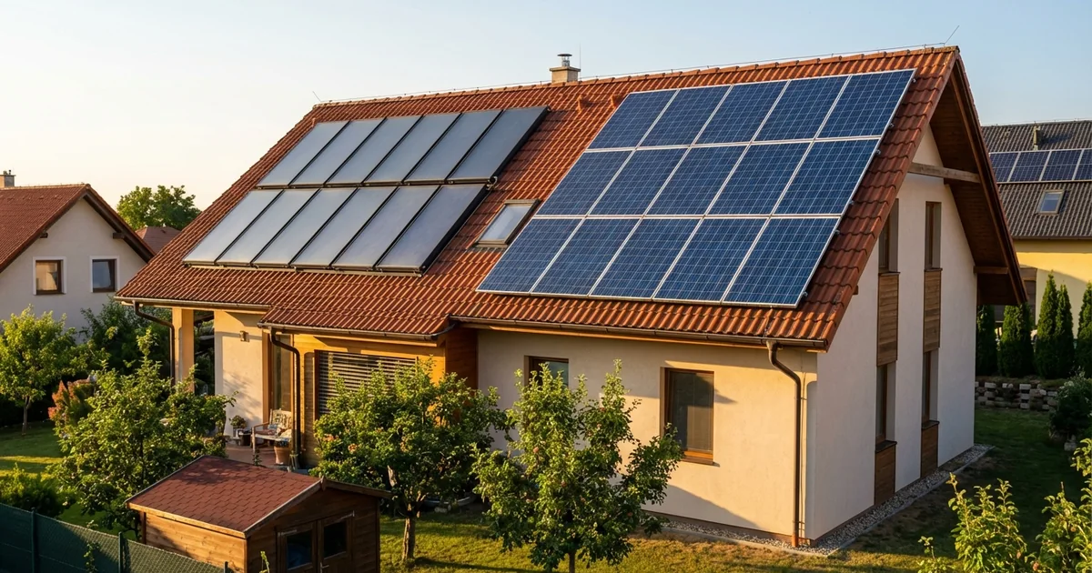 Solární kolektory na střeše rodinného domu vedle fotovoltaických panelů