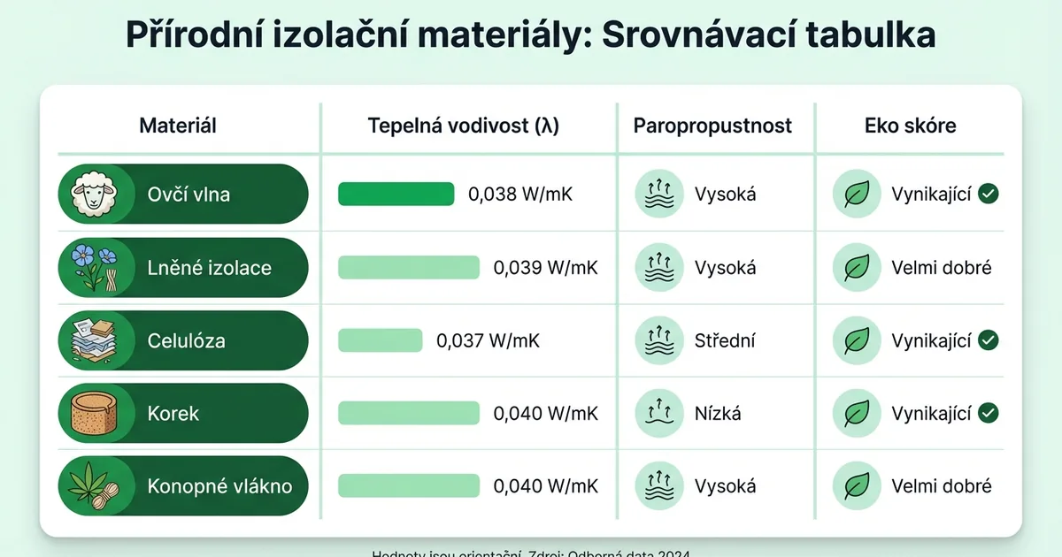 Srovnání přírodních stavebních materiálů — vzorky izolací s popisky vlastností