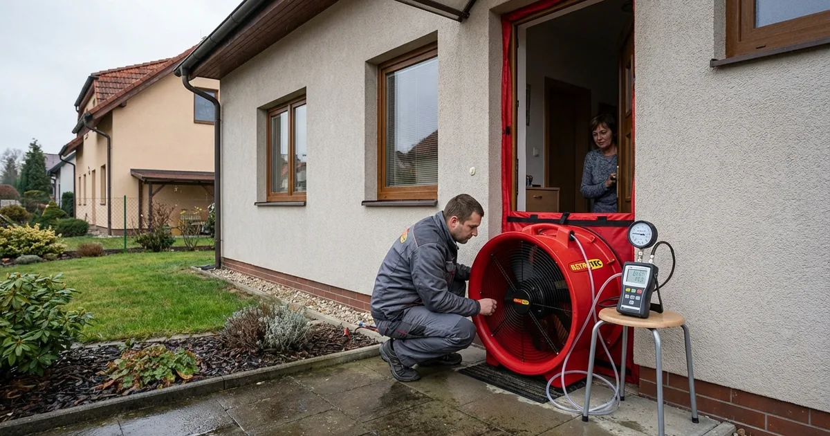 Blower door test vzduchotěsnosti domu — technik měří tlakový rozdíl v budově