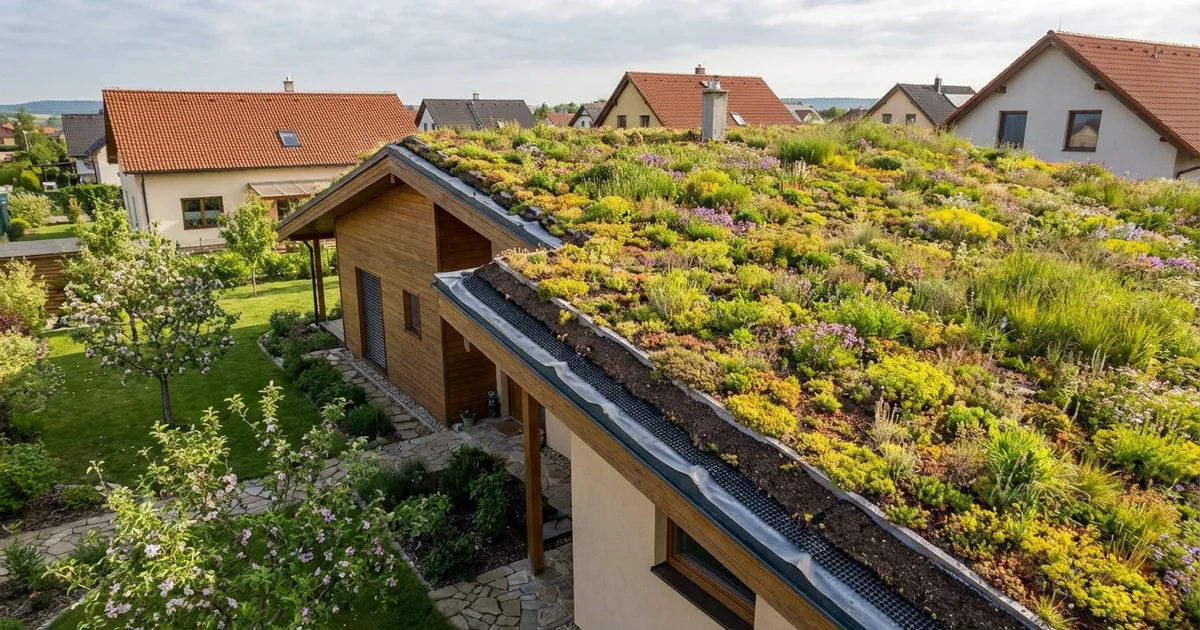 Zelená střecha na rodinném domě — extenzivní vegetační vrstva, jarní pohled